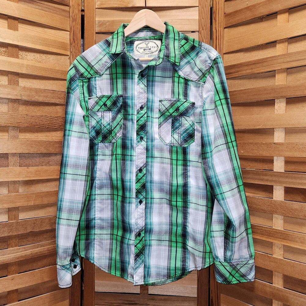 Vintage 1897 Green Plaid Western Shirt Men L Long Sleeve Cotton Polyester